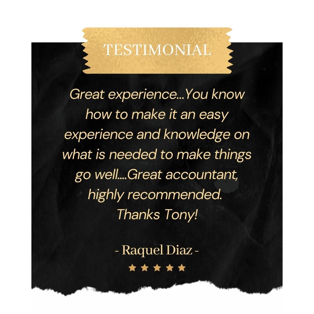 Raquel Diaz client testimonial recommending DJ Grigg Financial for clear and knowledgeable accounting help