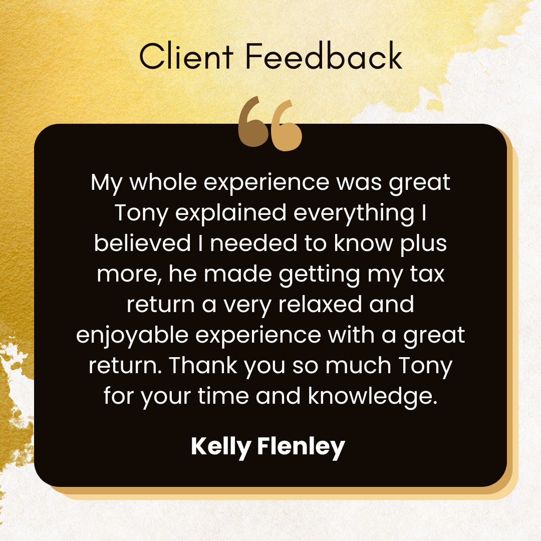 Kelly Flenley client testimonial describing a relaxed and informative tax return experience